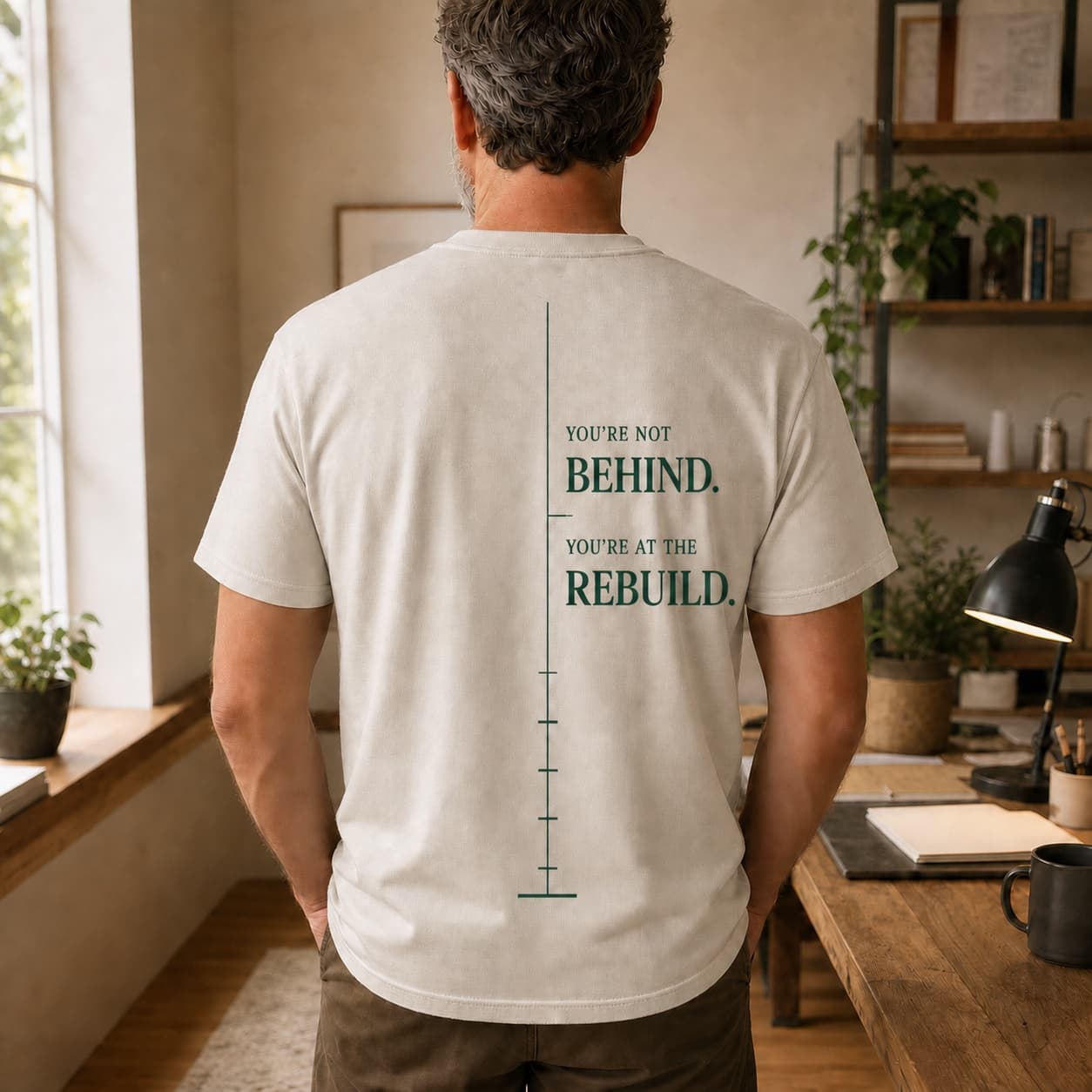 Back of the Natural At the Rebuild tee with the artwork printed into the fabric