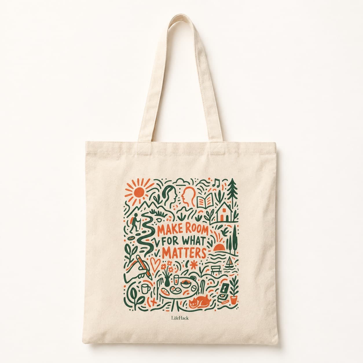 Natural canvas tote with green and orange Make Room for What Matters illustration