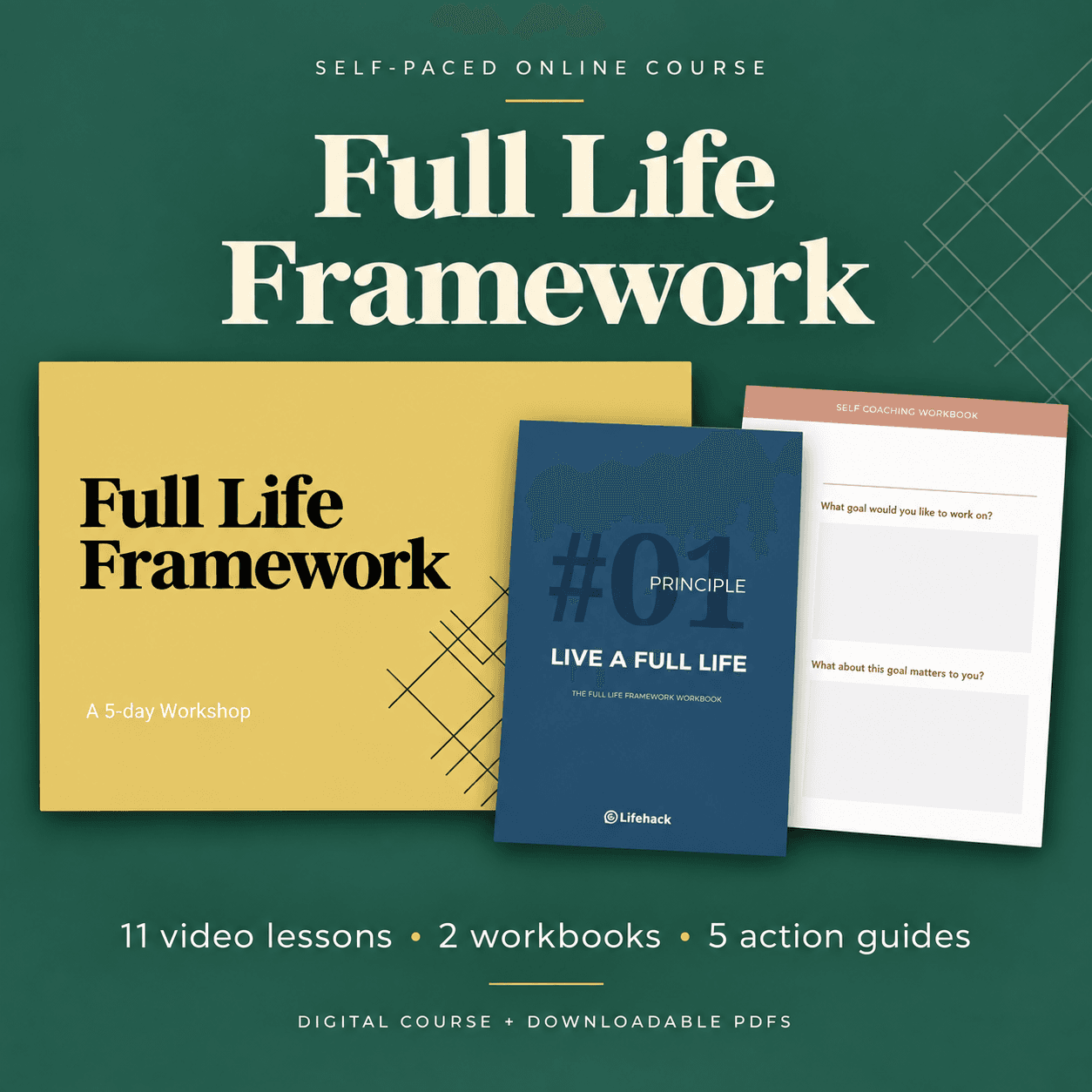 Full Life Framework digital course overview with course artwork and workbook previews; no physical items included
